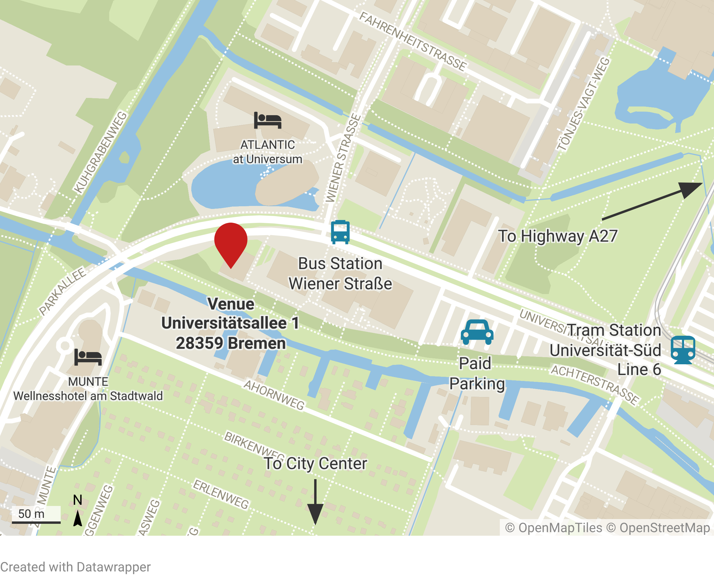 Map showing arrival routes to the GW1 Hörsaal building at Universität Bremen